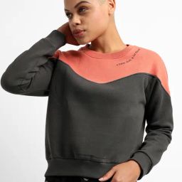 Campus Sutra Grey & Coral Cotton Color-Block Crop Sweatshirt-picture-0