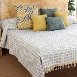 Ecru Shadow Trails Woven Cotton Double Bedcover-image-39