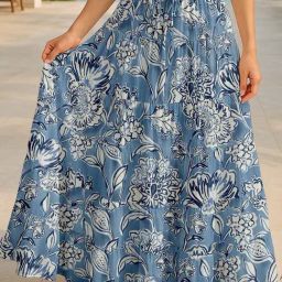 Moomaya Dusty Blue Regular Fit Floral Skirt with Pockets-picture-44