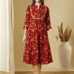 Fashor Red Pure Cotton Regular Fit Printed Kurta-9