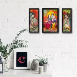eCraftIndia Set Of 3 Radha Krishna Satin Matt Texture UV Art Painting-39