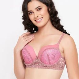 Clovia Blush Pink Lace Under Wired Padded Push-up Bra-image-48