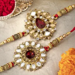 Peora Red & Champagne Gold Stone Kundan Rakhi with Roli Chawal Greeting Card (Set of 2 Rakhi)-image-23