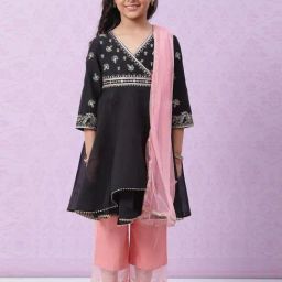 Biba Kids Black & Peach Embroidered Kurta Set-image-97