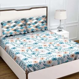 BELLA CASA Genteel Floral Teal Blue & White 180 TC Cotton King Bedsheet with 2 Pillow Covers-image-61