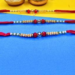 ORANGENYSHA Set Of 3 American Diamonds Studded & Beaded Meenakari Thread Rakhis-9