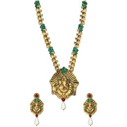 Zaveri Pearls Green Stones Lord Ganesha Temple Necklace & Earring Set-ZPFK357-image-48