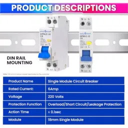 amiciSmart Single Module Circuit Breaker 6 Aamp 220 VAC with Overcurrent, Short-Circuit & Leakage Protection, 1x1M-RCBO-6A image 2