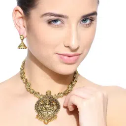 Zaveri Pearls Yellow & Black Alloy Temple Necklace Set-picture-41