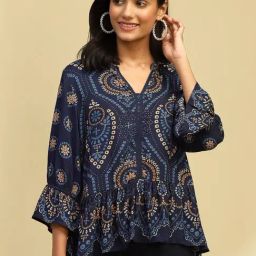Biba Blue Printed A Line Short Kurti-13