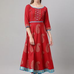 MBE Women Maroon & Turquoise Blue Ethnic Motifs Printed Anarkali Kurta-11
