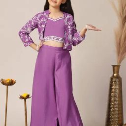Fashion Dream Kids Purple Embroidered Crop Top With Palazzos And Jacket Set-picture-13