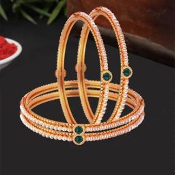 Zeneme Gold Plated Pearls With Colour Cubic Zirconia Studded Bangles Set of 4-7