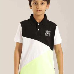 Indian Terrain Kids White & Black Cotton Color Block Polo T-Shirt-image-34