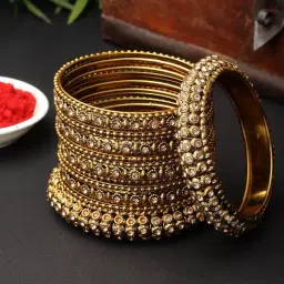 Zeneme Gold Plated CZ Stone Studded Broad Bangles for Women Set of 14-image-75