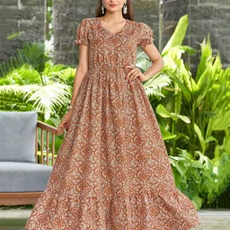 ODD BY chansi TRENDZ Ethnic Motifs Print Puff Sleeve Pleated Maxi Dress-image-16