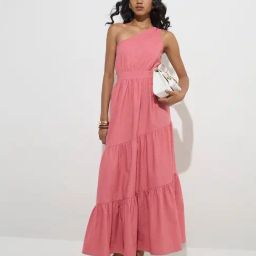 LOV by Westside Pink One-Shoulder Cotton Tiered Dress-picture-28