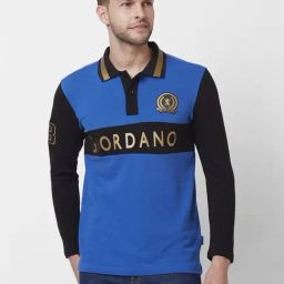 Giordano Blue Cotton Slim Fit Colour Block Polo T-Shirt-image-8