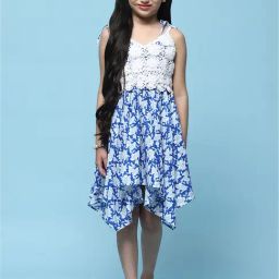 BIBA Girls Blue & White Self Design Dress-image-78