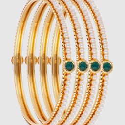 Zeneme Gold Plated Pearls With Colour Cubic Zirconia Studded Bangles Set of 4 image 3