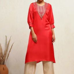 Biba Red Embroidered Straight Kurta-44