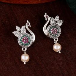 Estele Rhodium-Plated CZ Beautiful Peacock Design Pearl Drop Earrings-30