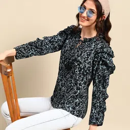 Sangria Floral Print Tie-Up Neck Ruffles Crepe Top-image-68