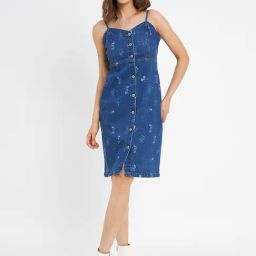 MADAME Blue Printed A Line Dress-image-53