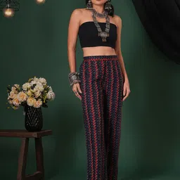 Globus Women Blue Cotton Chevron Print Mid-Rise Parallel Trousers-image-91