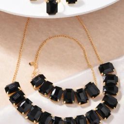 ToniQ Classic Gold-Plated Black Stone Necklace, Earring, Ring & Bracelet Set for Women-3