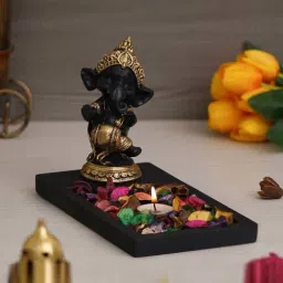 eCraftIndia Black & Golden Polyresin Baal Ganesha Dancing Showpiece & Fragnanced Petals and Tealight-image-72