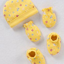 Babyhug 100% Cotton Cap Mittens & Booties Floral Print Yellow- Diameter 11.5 cm-image-88