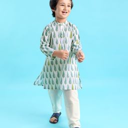 Babyhug 100% Cotton Woven Full Sleeves Kurta Pyjama Set Leaf Print - White-image-51