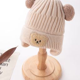 Babyhug Pom Pom Acrylic Woolen Cap Bear Patch Design - Beige-image-25