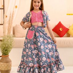 Pspeaches Sleeveless Striped Choli With Motif Printed Lehenga & Sling Bag - Blue-image-75