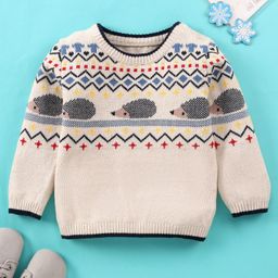 ToffyHouse 100% Cotton Full Sleeves Pullover Sweater with Porcupine Design - White Melange-image-89