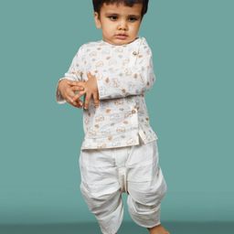 Polka Tots  Full Sleeves Elephant Printed Angrakha Kurta & Dhoti Pant Set - White & Mustard Yellow-image-87