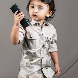 Polka Tots Full Sleeves Camouflage Printed Shirt - Grey & Pink-image-11