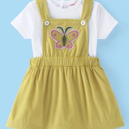 Babyhug Cotton Woven Frock with Half Sleeves Inner Tee with Butterfly Embroidered - Yellow-image-28