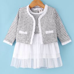 ToffyHouse Cotton Woven Full Sleeves Checkered Tiered Frock with Shrug Pocket  & Frill Detailing - Grey-image-36