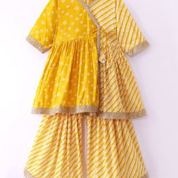 Teentaare Cotton Woven 3/4th Sleeves Kurta & Gharara Set with Bandhani & Stripes Design & Tassle Detailing - Yellow-image-36