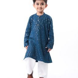 Babyhug Woven Sequin Embroidered Full Sleeves Kurta Pyjama Set - Teal-image-27