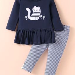 ToffyHouse 100% Cotton Knit Full Sleeves Top with Cat Patch & Striped Leggings Set- Navy Blue-image-97