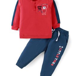 Kookie Kids Terry Knit Full Sleeves Winter Wear T-Shirt & Lounge Pant Set With Animal Print & Cut & Sew Design - Red & Blue-image-10