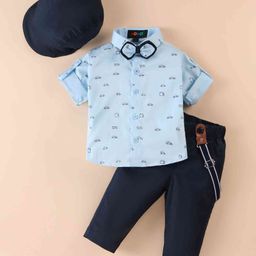 Robo Fry CottonWoven Full Sleeves Car Printed Shirt & Trouser Set with Hat Bow & Suspender - Blue-picture-43