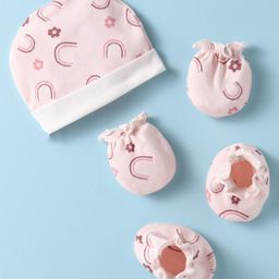 Ben Benny Interlock Knit Cap Mittens And Booties Set with Floral Print Peach - Diameter 10 cm-18