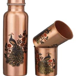 VoiDrop Peacock Design 1 Ltr Leak Proof Pure Copper Water Bottle Set with 2 Glasses-Copper Vessel-An Ayuervedic Water Bottle-Capacity 34 Oz Pure Copper Bottle Peacock Design-image-54
