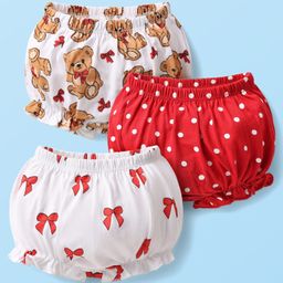 Babyhug 100% Cotton Knit Teddy Bear Polka Dot & Bow Printed Bloomers Pack of 3 - White & Red-6