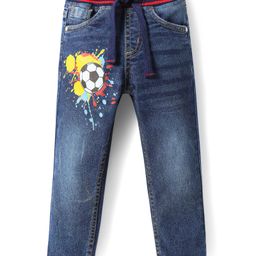Babyhug Cotton Denim Full Length Washed Jeans With Stretch & Sport Theme Print - Blue-image-87