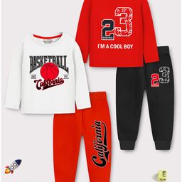 Trampoline Pack Of 2 Full Sleeves Numerical & Basketball Text Printed Tees & Coordinating Pajamas Set - Red & White-image-6